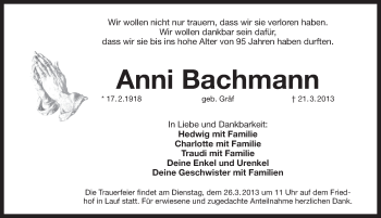 Traueranzeige von Anni Bachmann von Pegnitz-Zeitung